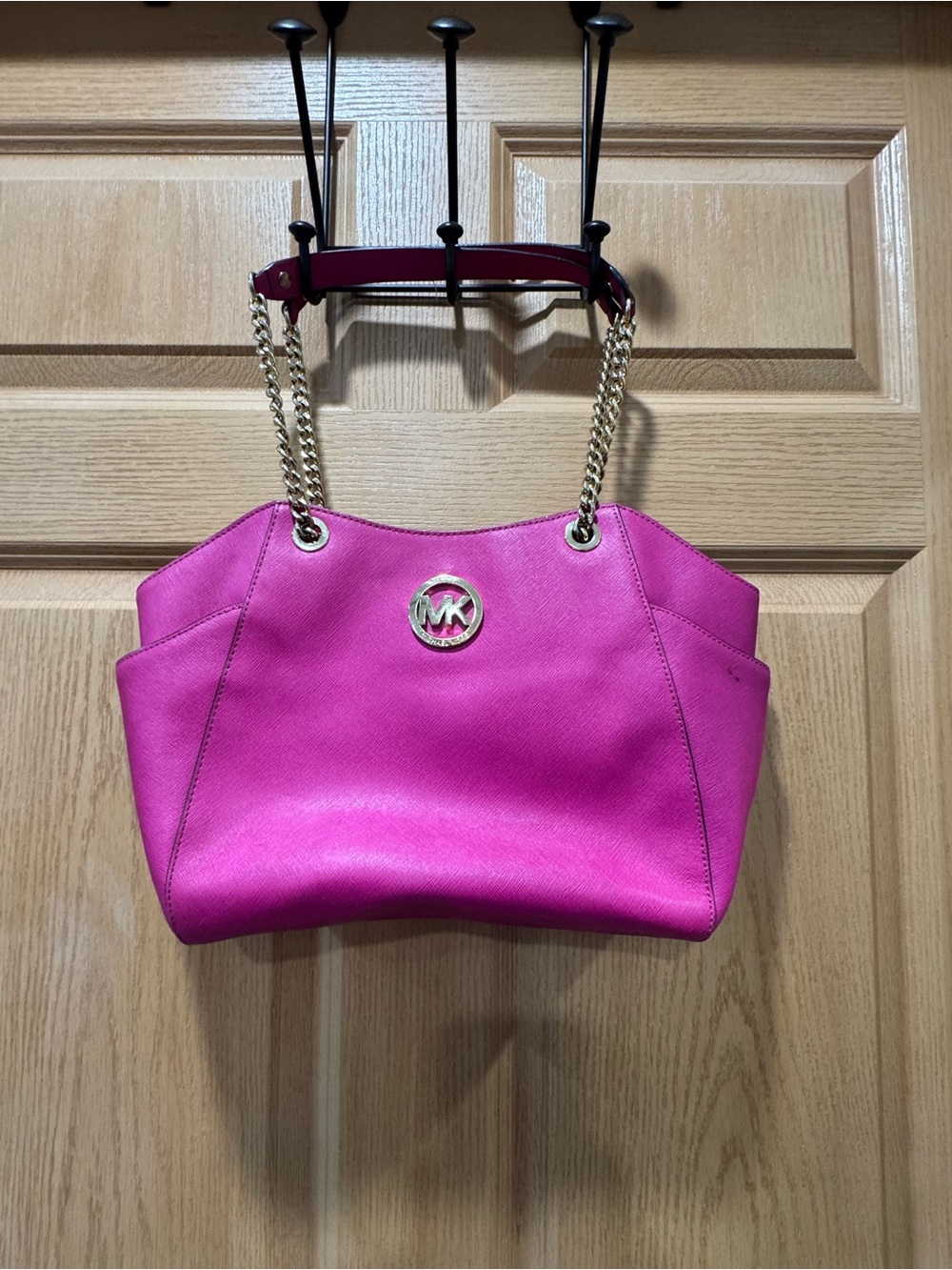 Michael Kors Hot Pink Saffiano Shoulder Tote with Gold Chain